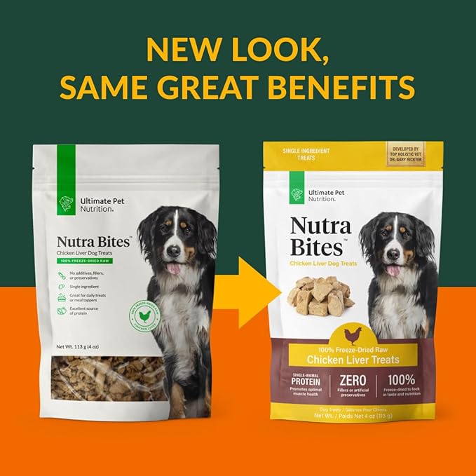 ULTIMATE PET NUTRITION Nutra Bites Freeze Dried Raw Single Ingredient Training Treats Food Topper for Dogs, 4 Ounces, Chicken Liver
