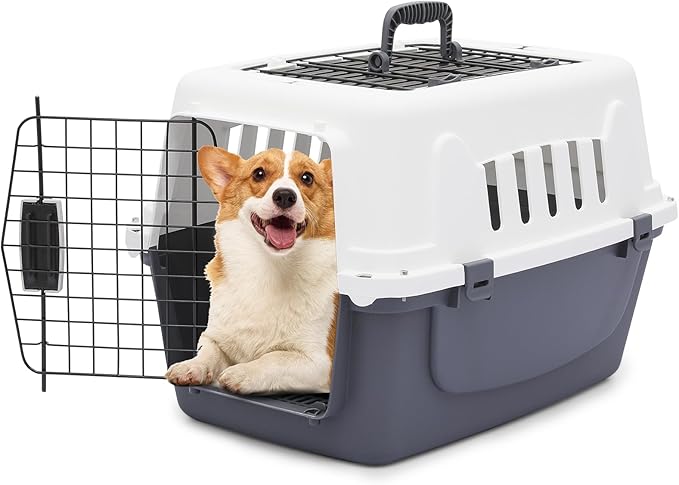 MoNiBloom 22-Inch Dog Crate Plastic 2-Door Top Loading Cat Carrier, Hard-Sided Dog Travel Carrier for Small Dogs and Cats, Ventilation and Security Lock Design for Pets up to 22 lbs (Grey)