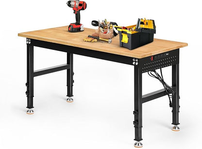 Betterhood Adjustable Height Workbench, 48" Rubber Wood Top Heavy Duty Workstation with Power Outlets, 2000 LBS Load Capacity Hardwood Worktable for Workshop, Garage, Office, Home, Commercial