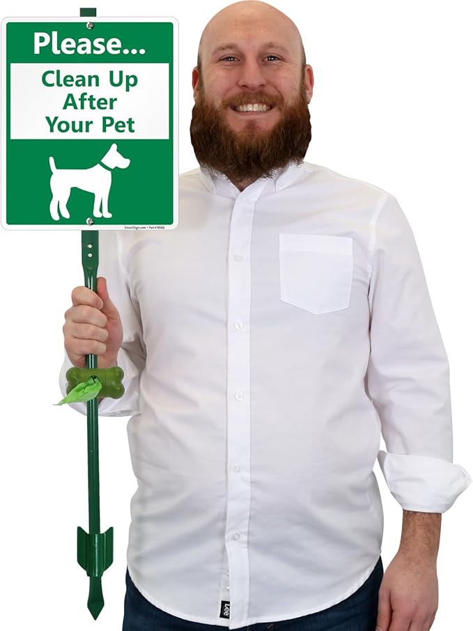 SmartSign Please Clean Up After Your Pet Yard Sign & Clip-On Plastic Dispenser Combo/Kit, 10"x12" Aluminum Sign with 3ft Steel Stake, Compact Dispenser Preloaded with a 15 Dog Poop Bags Roll