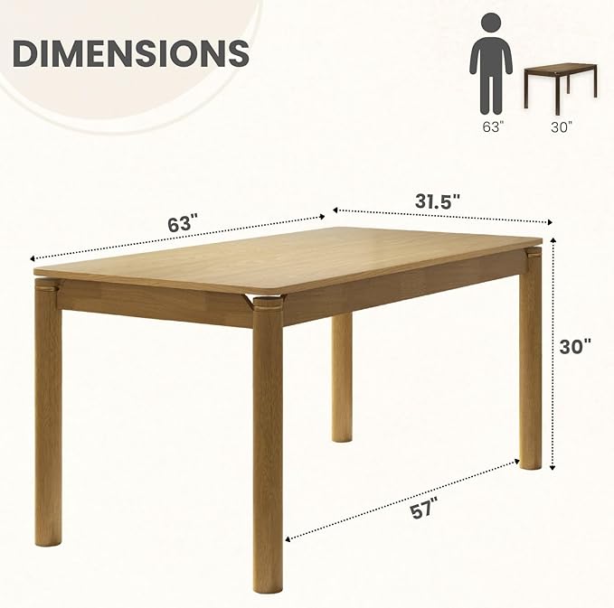 63" Dining Table for 4-6 People, Modern Farmhouse Rectangular Kitchen Table with Solid Wood Legs & Gold Trim, Large Long Dining Room Table for Living Room, Natural (Table Only)