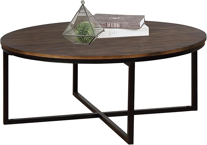 Alaterre Furniture Arcadia 42-Inch Round Acacia Wood Coffee Table – Industrial Living Room Table with Antiqued Mocha Finish and Metal Sled Legs – Ideal Centerpiece for Sectionals and Sofas