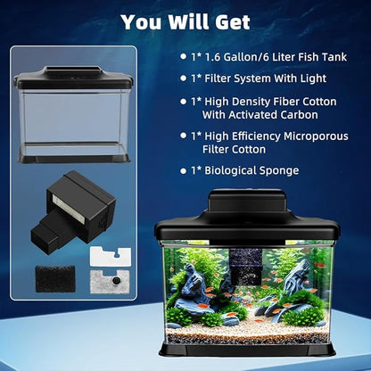 DaToo Small Fish Tank Ultra-Clear 1.6 Gallon Aquarium Starter Kits with LED Lighting and Filter System Beginner-Friendly Mini Betta Aquarium for Small Fish Shrimp Desktop Room Decoration