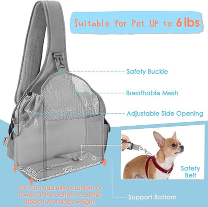 SlowTon Dog Sling Carrier, Hands Free Hard Bottom for Small Dogs up to 11lb | Breathable Mesh Support, Adjustable Padded Strap, with Pocket Safety Belt, Machine Washable, for Small Animal Puppy, Grey