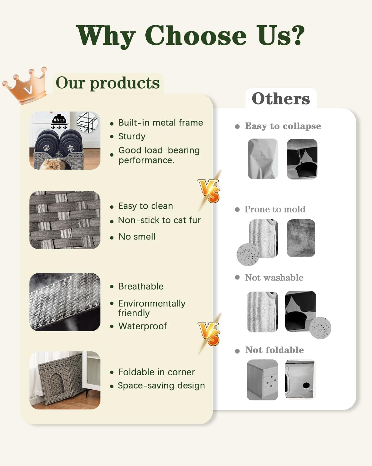 Cat Beds Indoor Kitten House, Handwoven Rattan Cat Cave Pet Cube, Large Cat Houses, One Bed Mat, Foldable, Hideaway, 16.5x16.5x13.2 Inches, 2 S-Shaped Hooks in Living Room Bedroom Gray