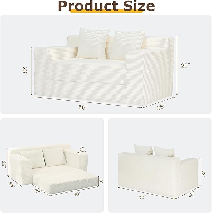 Convertible Sofa Bed, 3 in 1 Loveseat Folding Couch Bed Foldable - Chaise Lounge Chair & Floor Futon Sleeper, Corduroy Pull Out Sofa Bed with 4 Pillows for Living Room, Beige