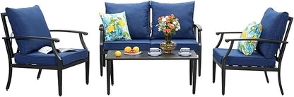 SunloungeCo 4-Piece Patio Furniture Set, Wider Outdoor Metal Seating Sofa with High Back & Loveseat, Coffee Table, All Weather Metal Conversation Set for Backyard, Poolside, Deck-Navy
