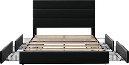 Allewie Modern Full Size Platform Bed Frame with 4 Storage Drawers and Velvet Upholstered Headboard, Wooden Slats Support, Upholstered Mattress Foundation/No Box Spring Needed/Easy Assembly, Black