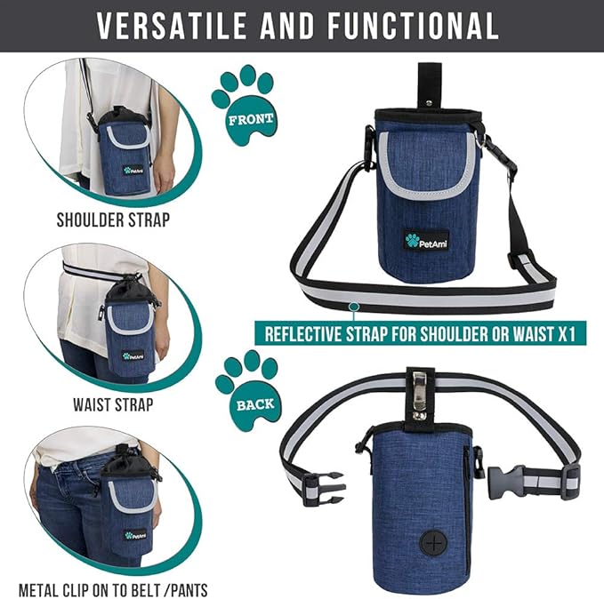 PetAmi Dog Treat Pouch, Large Pet Training Treat Pouch with Pocket, Dog Trainer Essentials Supply Holder with Poop Bag Dispenser, Training Bag for Kibbles Toys, 3 Ways to Wear (Navy)