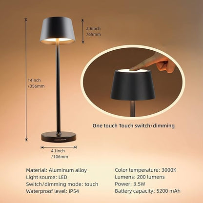 Rechargeable LED Desk Lamp Cordless,with IP54 Waterproof Function and Touch Dimming Table Lamps,Suitable for Indoor and Patio Lighting Black