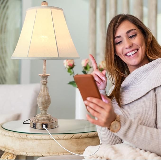 Farmhouse Table Lamp Touch Control 3-Way Dimmable Table Lamp, Modern Nightstand Lamp with 2 USB Port Bedside Desk Lamp with Fabric Shade for Living Room Bedroom Hotel (Pack 1-Beige Shade)