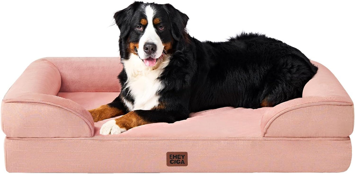 EHEYCIGA Orthopedic XL Dog Beds, Waterproof Memory Foam Dog Bed for Extra Large Dogs, Non-Slip Bottom and Egg-Crate Foam Big Pet Couch Bed with Washable Removable Cover, Dusty Pink