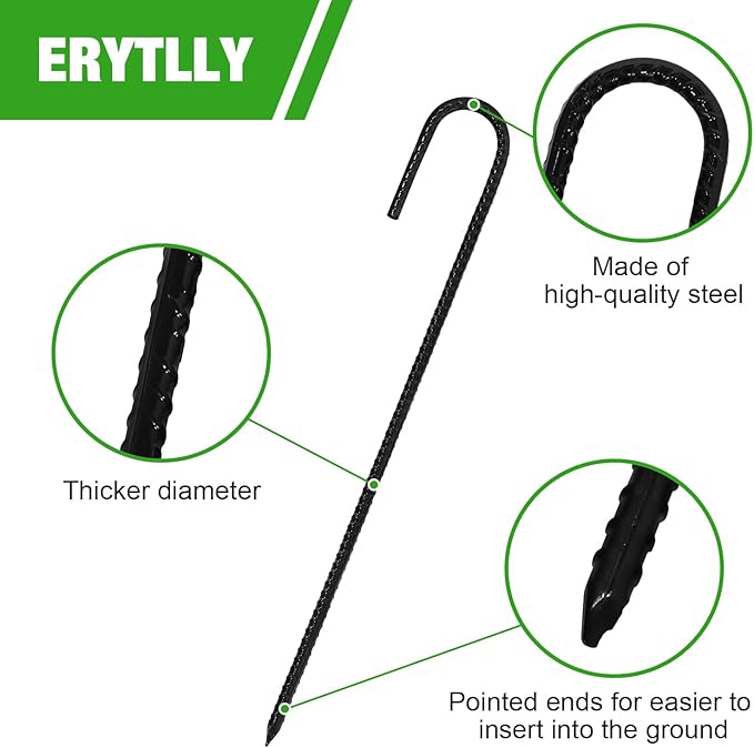 ERYTLLY 16In Rebar Stakes J Hook Heavy Duty Galvanized Metal Stakes for Ground Barrel Soil Tent Swing Set Anchors Fence Stakes Curved Steel Plant Support Garden Stakes with Hooks (16in 8pk)