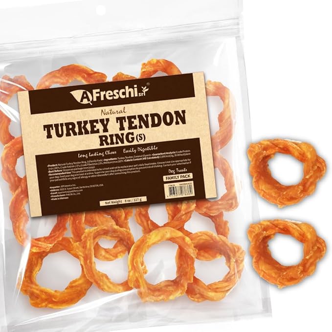 AFreschi Turkey Tendons for Dogs, USA-Sourced, Healthy Dog Treats, Rawhide-Free Puppy Chews, Long Lasting, All Natural, Hypoallergenic Dog Treats for Small Breeds, 8 oz Pack Ring (S)