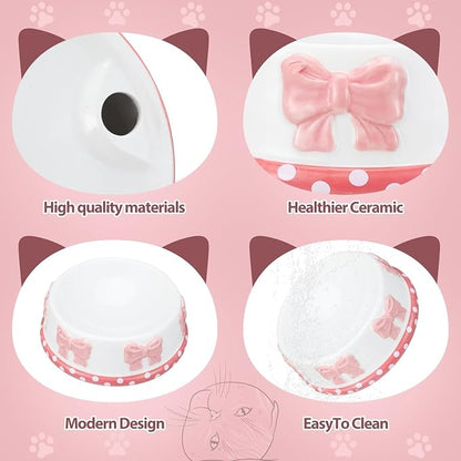 Reallnaive 2 Pcs Pink Bow Ceramic Bowl for Small Dog and Cat Cute Bowtie Pet Bowl for Food Water Macaron Pink Dish Pets Feeding Bowls Suitable Small Cat Dogs