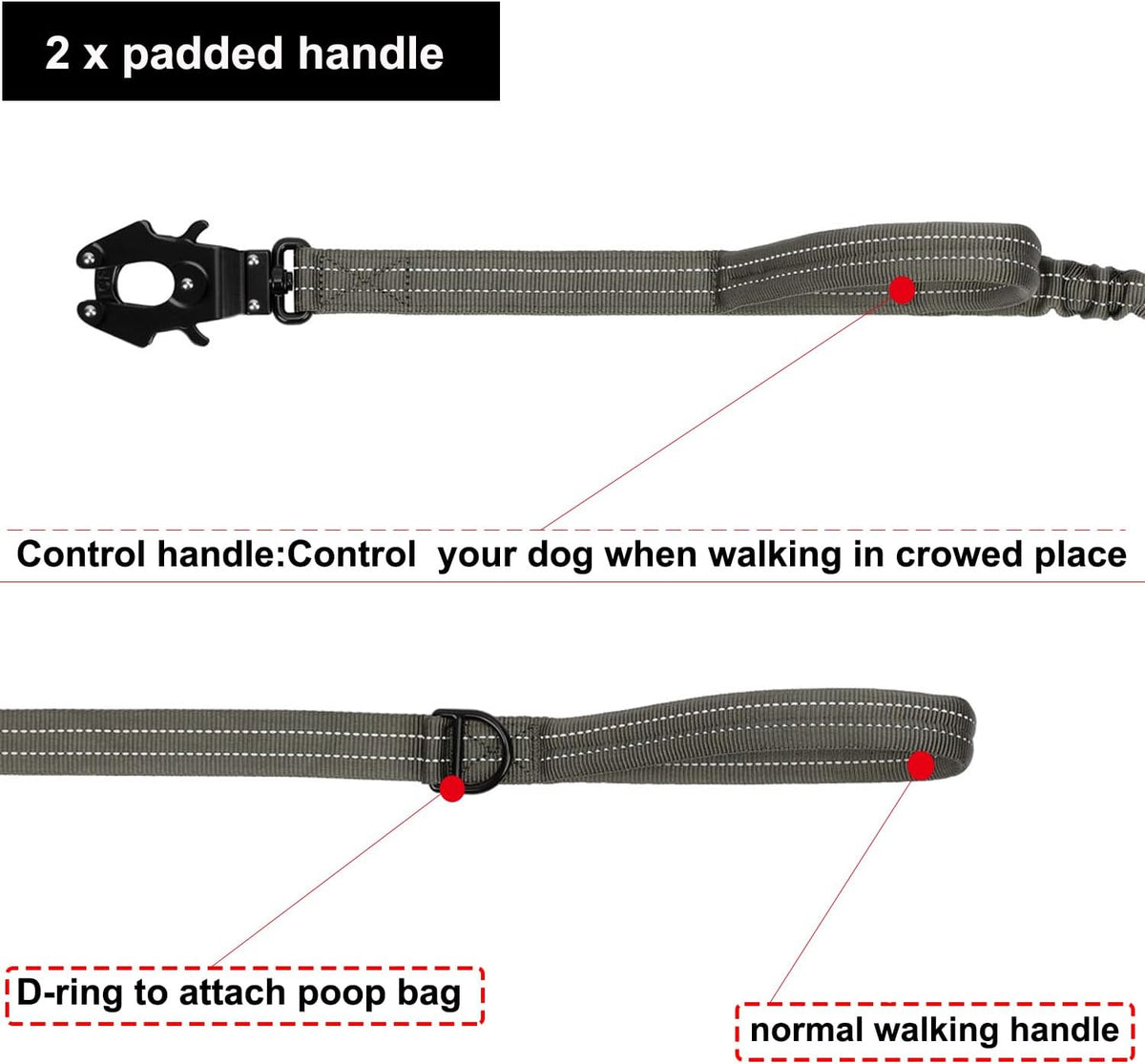 ICEFANG Tactical Dog Leash,K9 Training Walking Bungee Lead with 2 Control Handle,Heavy Duty Quick Release Metal Clasp,for Medium Large Breed (Reflective Green, 6 FT)