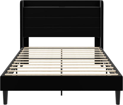 SHA CERLIN Queen Bed Frame with Charging Station, Velvet Upholstered Platform Bed, Wingback Storage Headboard, Type-C & USB Ports, Strong Wooden Slats, No Box Spring Needed, Easy Assembly, Black