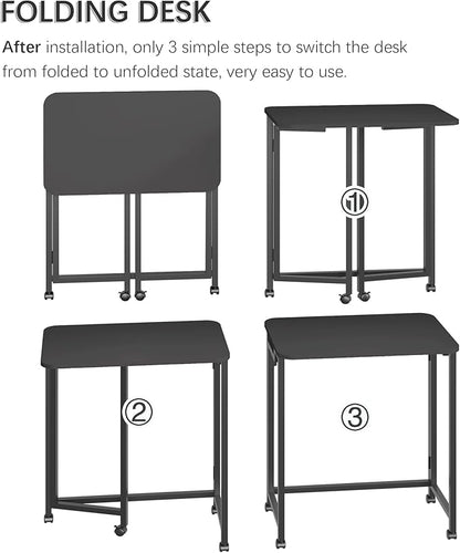 4NM 23.6" Mobile Small Rolling Computer Desk, Folding Laptop Cart Table with Wheels, Portable Office Desk for Small Space Couch Bed - All Black