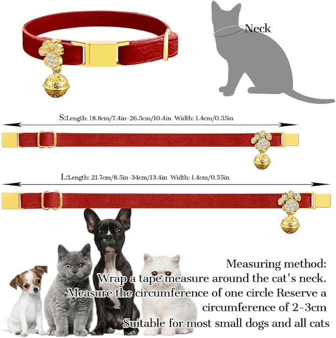 Personalized Breakaway Cat Collars - Magnetic Buckle, Bell - Safety Quick Release, Customized for Girls & Boys Cats- (Velvet-Red)