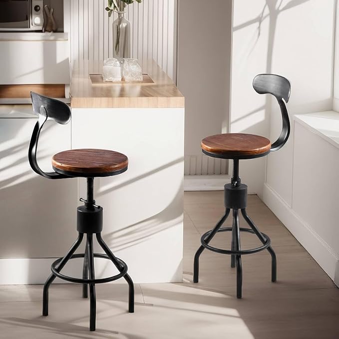 Diwhy Industrial Vintage Bar Stool, Kitchen Counter Height Adjustable Pipe Chair, Cast Iron Stool, Swivel Bar Stool with Backrest, Silver, Fully Welded Set of 2 Brown Wood Seat