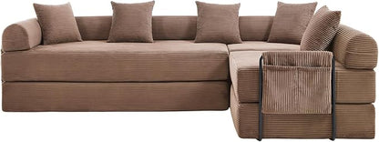 106" Oversized Convertible Sleeper Sofa Bed, Corduroy L Shape Sectional Couch, Folding Sofa Bed with Side Pocket, Modern Cloud Floor Mattress Couch, Modular Sofa for Living Room, Brown