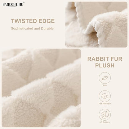 HANDONTIME Non-Slip Pet Couch Cover Washable, Plush Faux Fur Couch Protector for Cushion Pet-Friendly Sofa Covers for Dogs, Checkered Diamond Sectional Covers Dog Mat for Sofa (Ivory, 35.6" x 94.5")