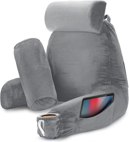 Nestl Reading Pillow with Shredded Memory Foam Includes 2 Neck and Lumber Support Pillows, Designed for Sitting Up in Bed and Couch, Back and Arms Adjustable Support for Adult & Teens, Grey