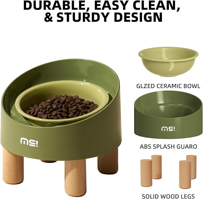 MS!MAKE SURE Cat Bowls, Adjustable Elevated Ceramic Cat Bowls with Anti-Slip Rubber Pad, Splash Guard, Lead & Cadmium Free, Whisker Friendly, for Puppies & Cats - 5.1" Wide, 295ML (10 oz), Green
