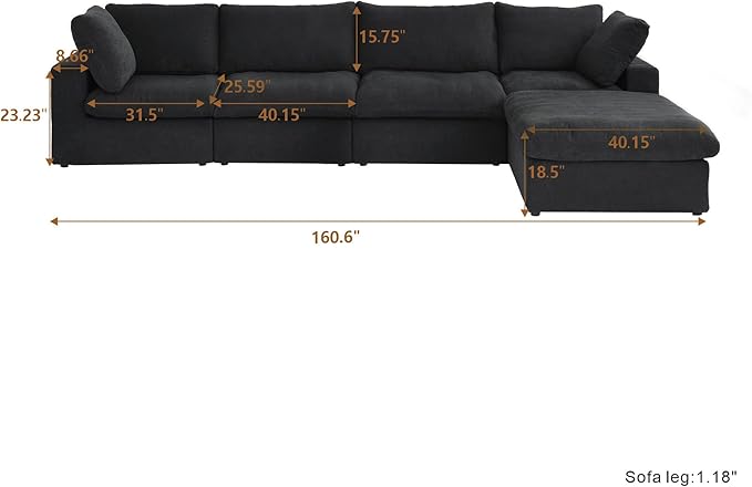 Cloud Couch Modular Sectional Sofa,160.6" L Shaped Convertible Sectional Sofas with Storage Ottoman for Living Room,Minimalist Deep 5 Seater, Covers Washable&Replaceable(Black)