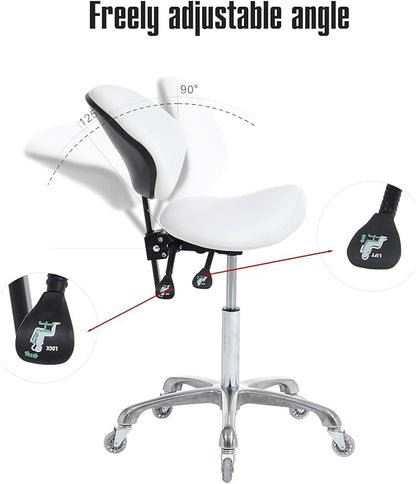 FRNIAMC Hydraulic Saddle Rolling Adjustable, Heavy-Duty (350 lbs) Stool Chair for Beauty Salon Massage Dental Clinic Home Office Use(White, Updated to Soft Wheels)