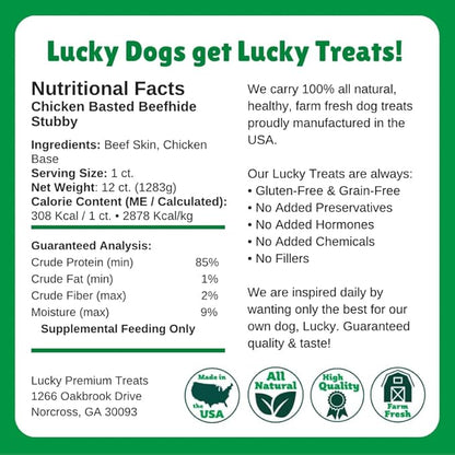 Lucky Premium Treats Chicken Basted Rawhide Stubbys – All Natural Rawhide and Chicken Dog Treats, Gluten Free Premium Large Dog Treats (12 Chews)