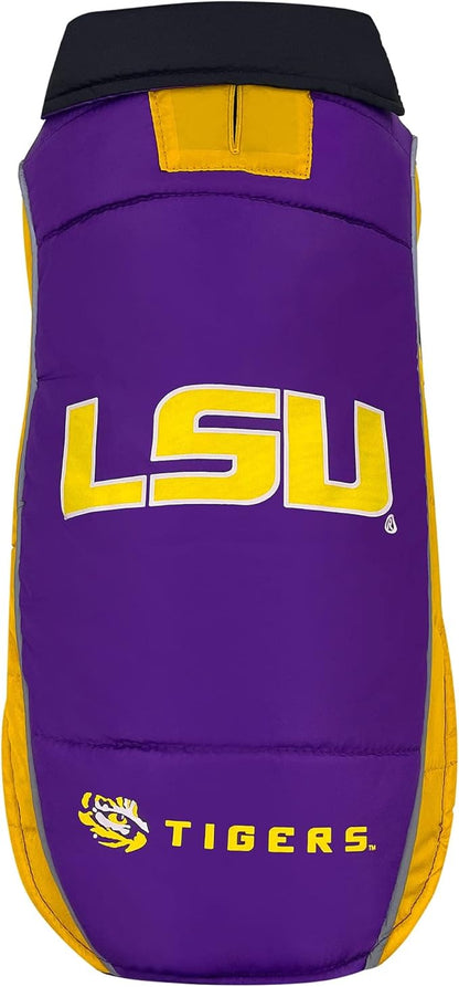 NCAA LSU Tigers Puffer Vest for Dogs & Cats, Size Small. Warm, Cozy, and Waterproof Dog Coat, for Small and Large Dogs/Cats. Best NCAA Licensed PET Warming Sports Jacket