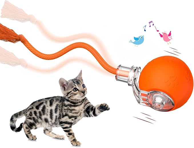 Interactive Cat Toys, Automatic Moving Cat Toys for Bored Indoor Adult Cats, Fast Rolling, Chirping & Motion-Activated Kitty Toys, Fun Gift for Cats with Speedy Tail 2.0, USB Rechargeable, Orange