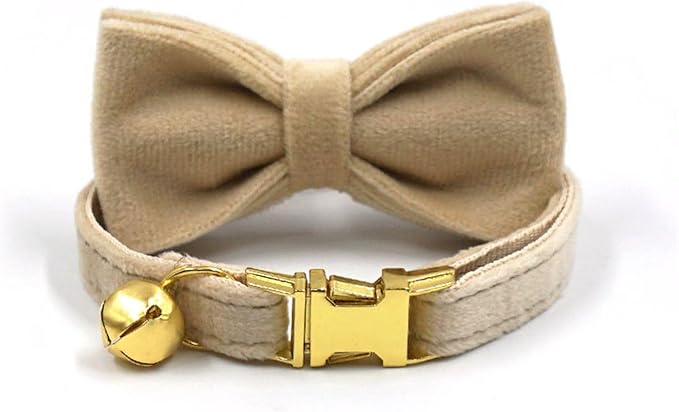 Personalized Cat Collar with Bells,Velvet Customized Small Cat Collar with Name Tag,Pet Collar with Name Phone Number Engraved ID Tags for Boy and Girl Kitten Cats (Milk Tea)