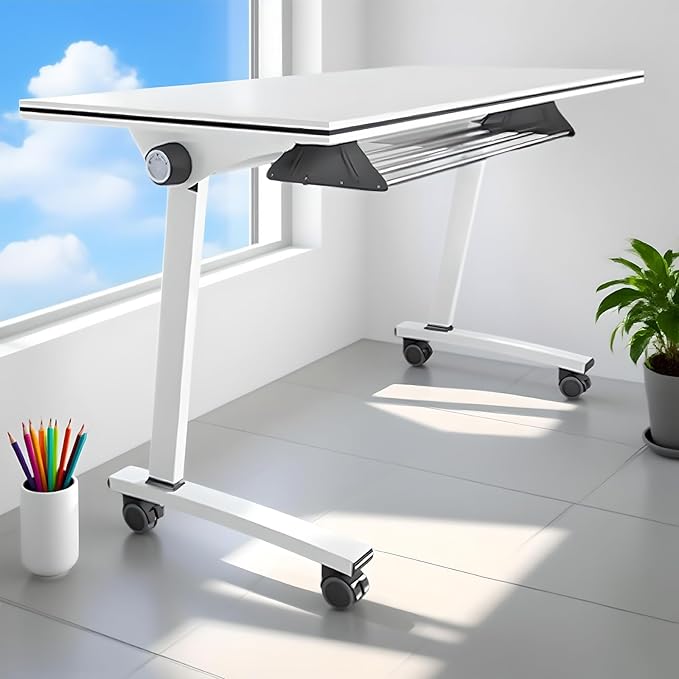 Folding Conference Room Tables, Flip Top Mobile Training Table with Wheels, Mobile Dynamic Meetings Training Tables, Portable Office Executive Desk, Rolling Seminar Meeting Table (3, White, 55.1in)