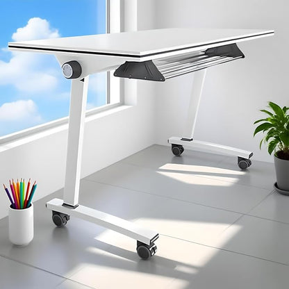 Folding Conference Room Tables, Flip Top Mobile Training Table with Wheels, Mobile Dynamic Meetings Training Tables, Portable Office Executive Desk, Rolling Seminar Meeting Table (3, White, 55.1in)
