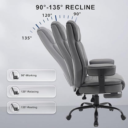 Reclining Office Chair with Footrest, 400Lb Big Tall Office Chair with Lumbar Support Pu Leather Computer Swivel Executive Chairs for Adult, High Back Recliner Office Desk Chair,Grey