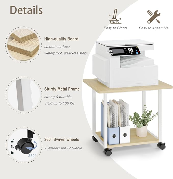 MARTY 22"x15.75" Large Under Desk Printer Stand with Storage Shelf 2-Tier Rolling Printer Cart with Wheels Printer Table for Home Office Heavy Duty Storage Rack for Scanner Fax Machine, Maple