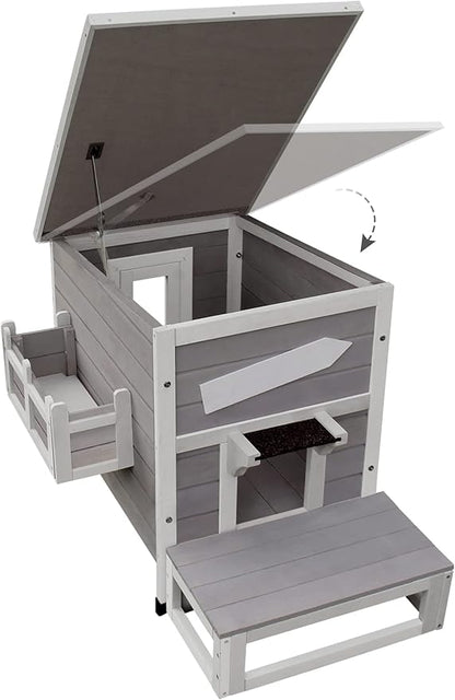 Rockever Outdoor Cat House, Large Outdoor Houses for Feral Cats with Self-Warming Mat Wooden Outside Cat Shelter Weatherproof with Escape Door