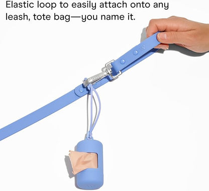 Wild One Dog Poop Bag Holder and Dispenser with Leash Attachment, Leak Proof, Easy Twist Top for Refills, Includes 1 Roll Poop Bags, Navy