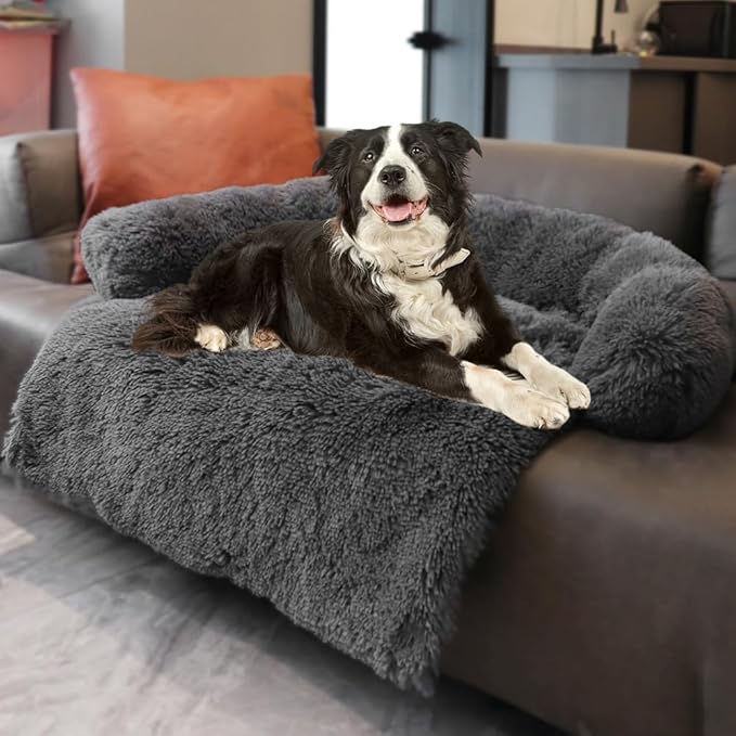 Calming Dogs/Cats Bed Mats, Dog Pad Washable Removable Couch Cover, Plush Long Fur Mat for Pets, Waterproof Lining, Perfect for Small, Medium and Large Dogs and Cats (Dark Gray, 53"x39")