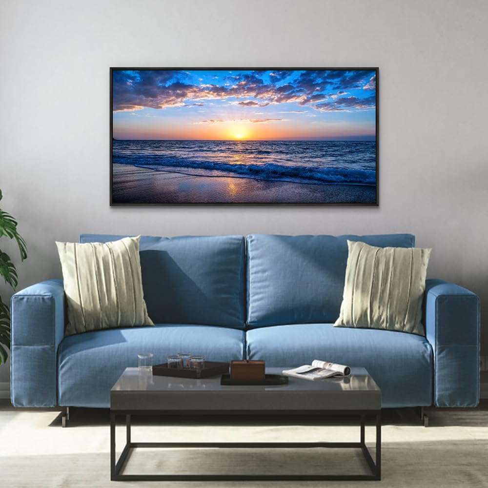 Wapluam Black Framed Wall Decor For Bedroom Large Canvas Wall Art For Living Room Office Wall Decorations Blue Ocean Wall Painting Sea Beach Seascape Pictures Fashion Artwork Hotel Room Home Decor