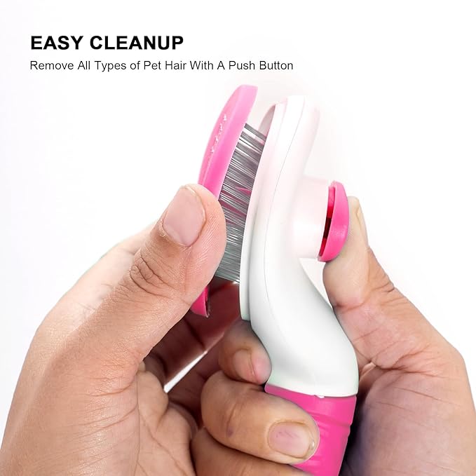 Self Cleaning Slicker Brush for Pet Grooming - Removes Loose Undercoat and Sheds, Suitable for Long and Short Hair Cats and Dogs, with Massaging Bristles (Pink)