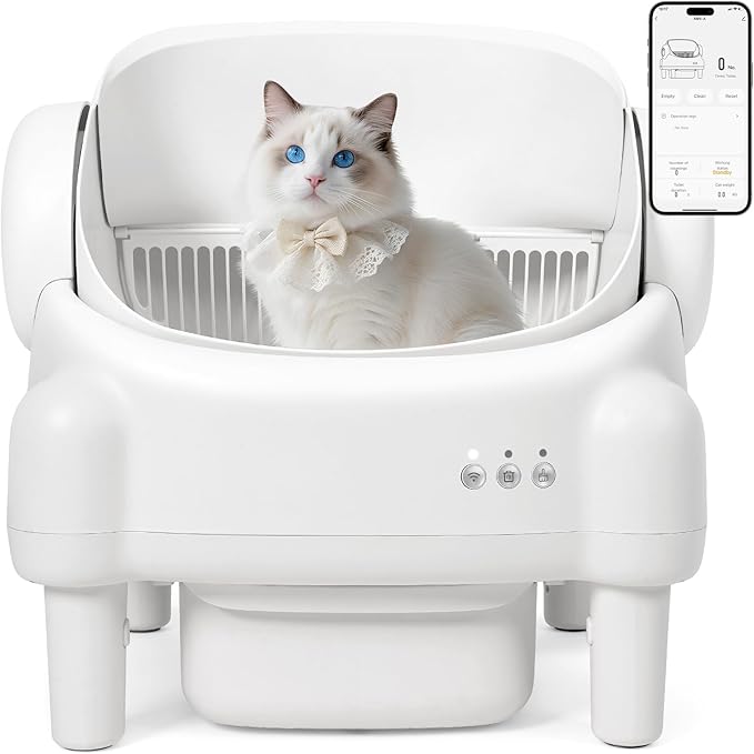 Self Cleaning Litter Box,Open Top Automatic Litter Box with App Control for Multiple Cats, Safety Sensors Protection, Odor Control Includes 2 roll Liners,Large Waste Bin, Cream White