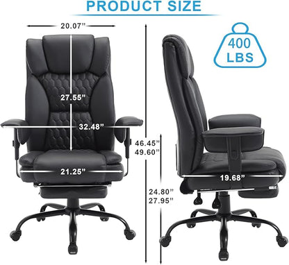 Reclining Office Chair with Footrest, 400Lb Big and Tall Office Chair with Lumbar Support, Pu Leather Recliner Office Desk Chairs with Wheels High Back Ergonomic Computer Desk Chair for Adult,Black