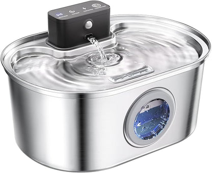 Cordless 3.2L/108oz Stainless Steel Cat Water Fountain Pet Fountain | Rechargeable Pet Water Dispenser - Motion Sensor Activation - Multi-Layer Filtration - Ultra-Quiet Pump