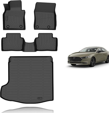 KELCSEECS® Floor Mats & Cargo Liner Custom for Mazda 3 2026 2025 2024 2023 2022 2021 2020 2019(Only Fits Sedan Models) All Weather Protection Floor Liners Front & Rear Row Full Set Accessories Black