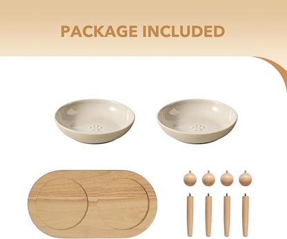 Raised Ceramic Wide Whisker Friendly Cat Dishes, Anti-Slip Food& Water Bowl with 2 Style Stand Adjustable Pet Bowl Set(2Dish+Stand, Vintage Latte)
