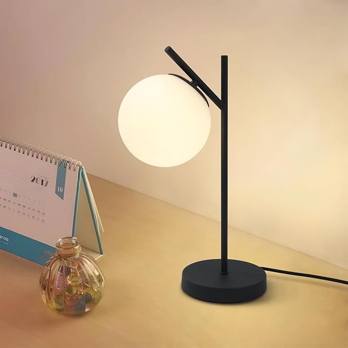 Mid Century Modern Table Lamp Contemporary White Glass Globe Table Lamp Vintage Nordic Desk Lamp Metal Nightstand Lamp for Office Study Room Bedroom(H19.2)