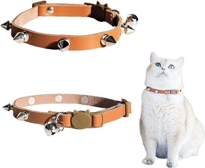 Spiked Cat Collar with Bells, Breakaway Genuine Leather Protective Collar for Kitty, Studs Spikes Punk Style Adjustable for Girl Boy Kittens Small Bunny Rabbit, 8"-9.5" Brown